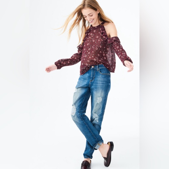 NWOT AEROPOSTALE Bloomsberry Maroon Cold Shoulder Floral Chiffon Blouse Small - Picture 2 of 9